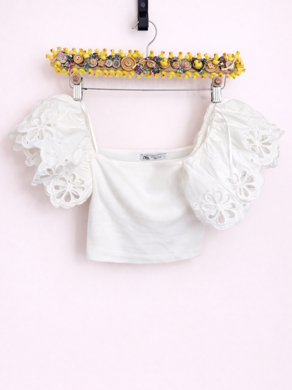 Zara White Eyelet Puff-Sleeve Ribbed Crop Top